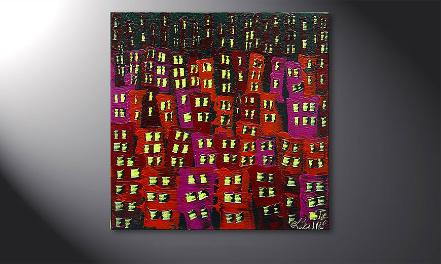 Hand-painted painting Red City 50x50x2cm