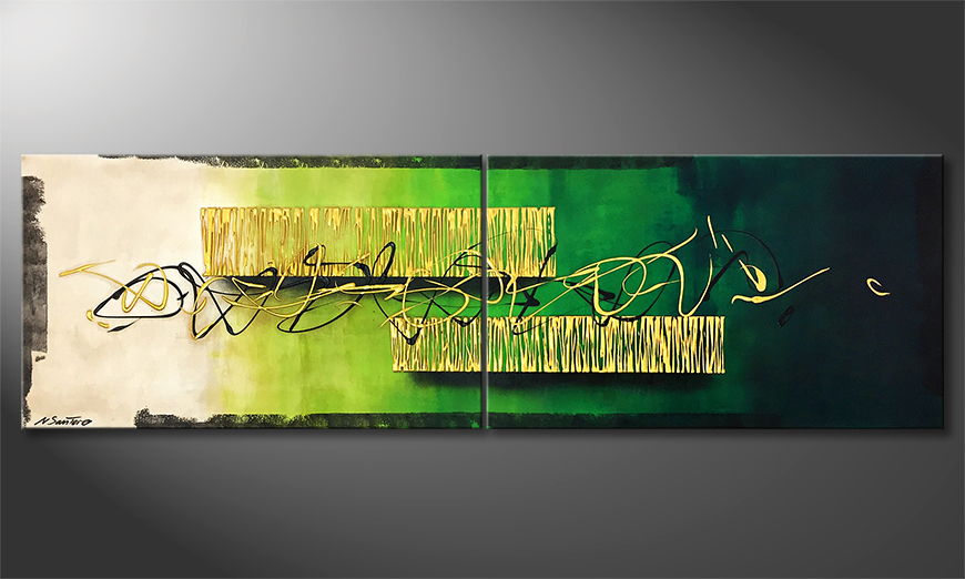 Hand painted painting Golden Green 200x60cm