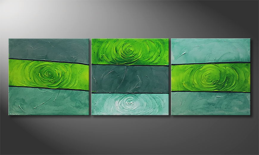 Modern painting Green Roses 225x75cm